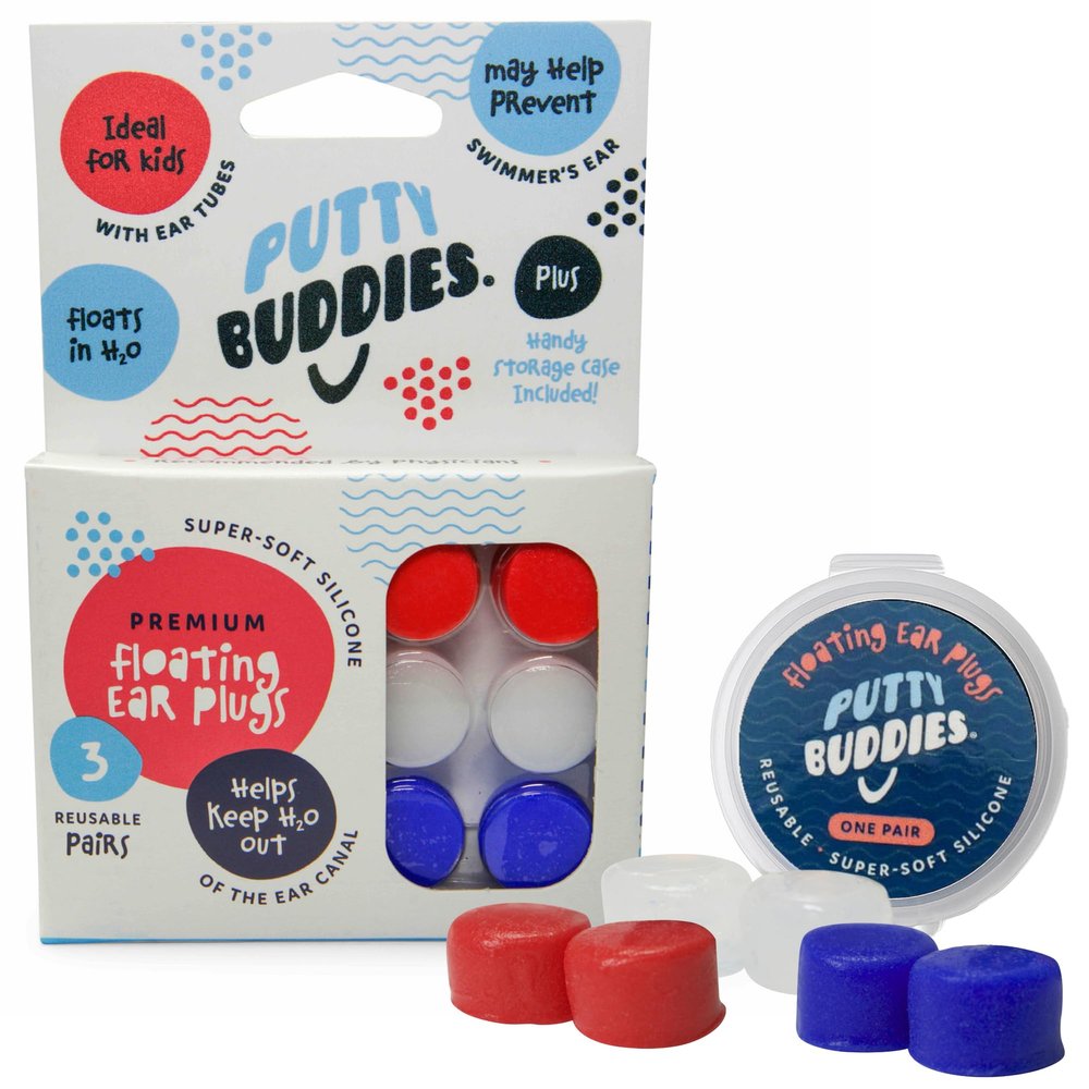 Earvolution Floating Putty Buddies Swim Earplugs - Doctor-Invented, Made in USA, Moldable Premium Silicone Plugs Help Prevent Swimmer's Ear, 3 Pair Pack - Red/White/Blue