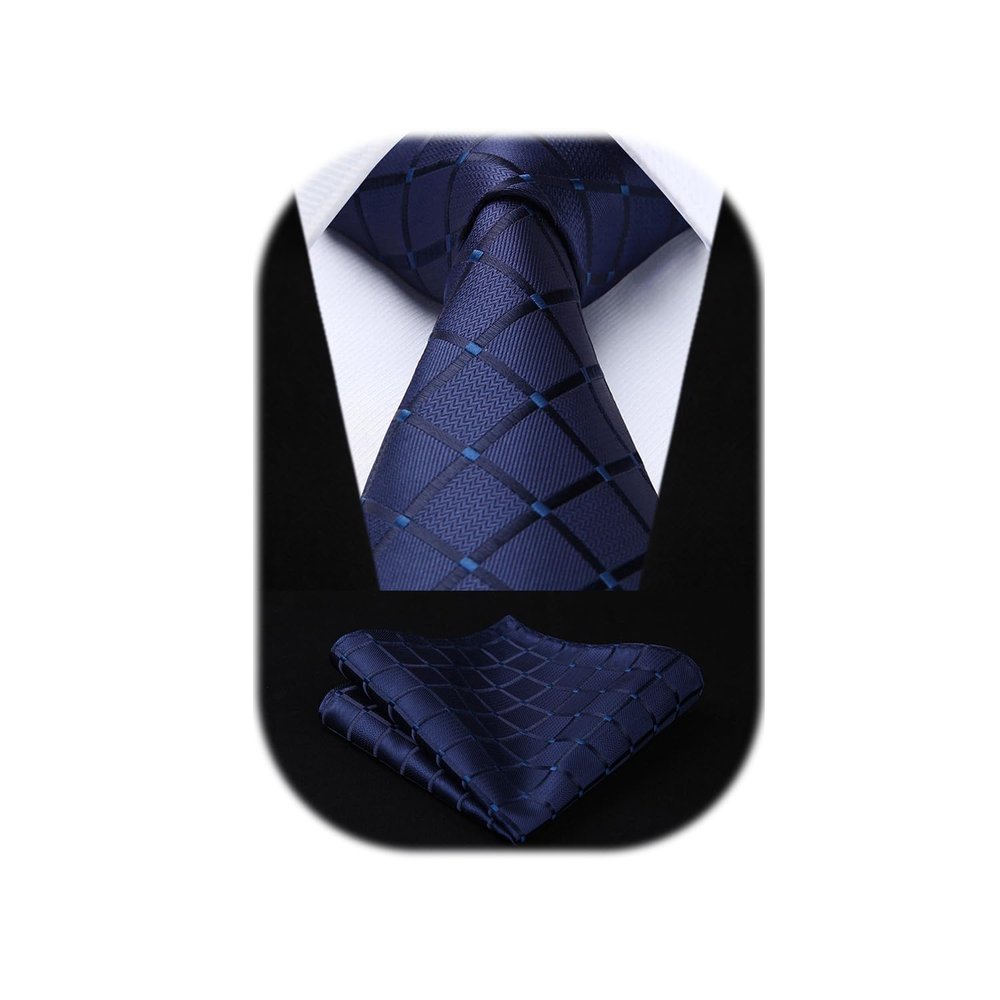 HISDERN Plaid Blue Tie Handkerchief Woven Classic Men's Necktie & Pocket Square Set,Navy Blue,One Size