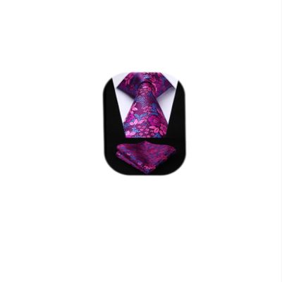 HISDERN Men's Floral Tie Handkerchief Jacquard Woven Classic Men's Necktie & Pocket Square Set,Hot Pink / Blue,8.5cm / 3.4 inches in Width