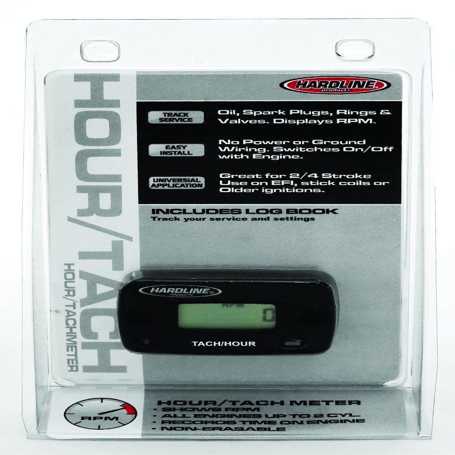 Hardline Products USA HR-8061-2 Inductive Hour Meter & Tachometer - Waterproof RPM Gauge for 1-2 Cylinder Gas Engines - Fits Dirt Bikes, ATVs, Outboards & Generators - HR-8061-2