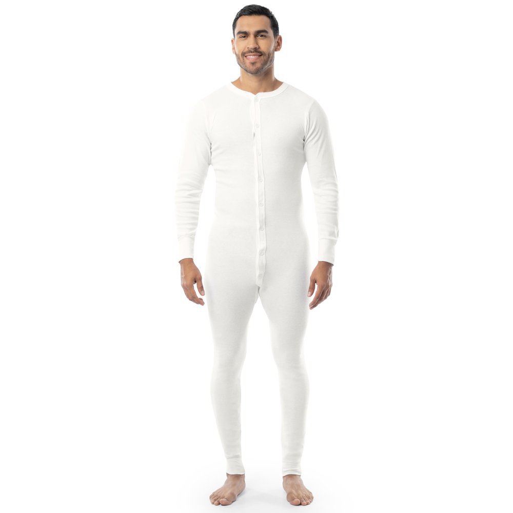 Indera Men's Cotton Rib Knit Union Suit, White, Large