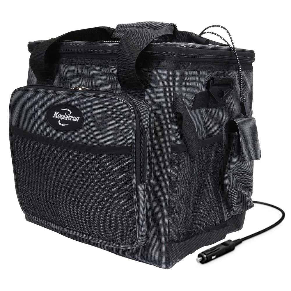 Koolatron Electric Portable Cooler Plug in 12V Car Cooler Bag, 26 qt (25 L) Black/Gray Soft-Sided Portable Car Fridge w/DC Power Cord, Adjustable Shoulder Strap, Cord Storage, Road Trip