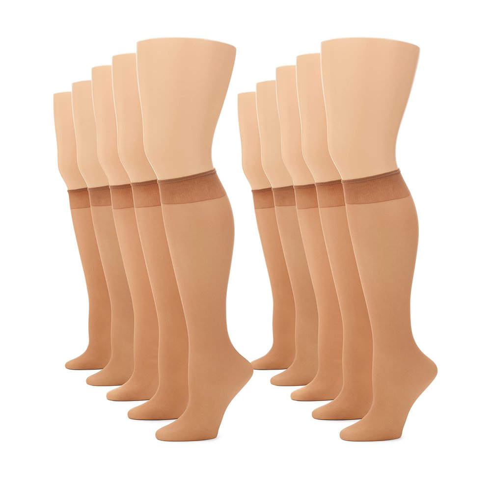No nonsense Women's Sheer Knee High Value Pack with Comfort Top, Tan - 10 Pair Pack, Regular