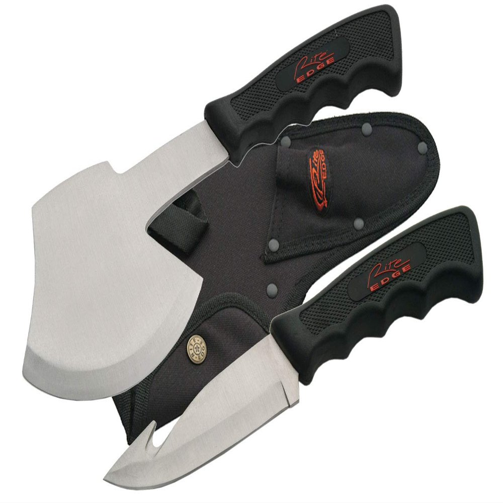 Rite Edge 2-Piece Hunting Knife and Hatchet Set  Stainless Steel Gut Hook and Survival Axe with Nylon Sheath for Camping, Hiking, and Outdoors