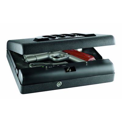GunVault Compact Handgun Safe with No-Eyes Keypad  Pistol Safe with Anti-Pry Steel Construction, Backup Key, and Foam Interior for Nightstand or Vehicle Use