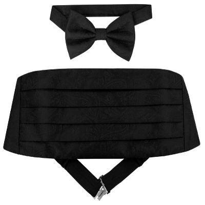 Cumberbund & BowTie Solid BLACK PAISLEY Color Men's Cummerbund Bow Tie Set