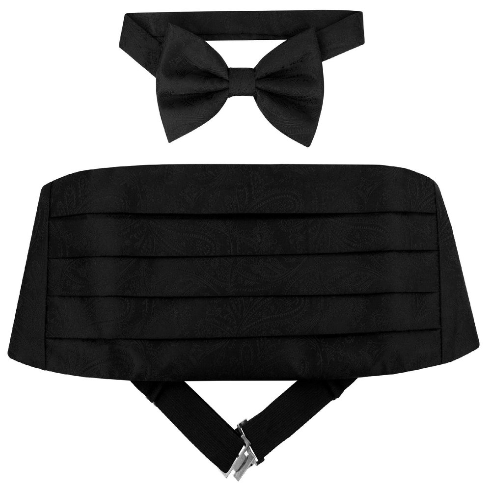Cumberbund & BowTie Solid BLACK PAISLEY Color Men's Cummerbund Bow Tie Set