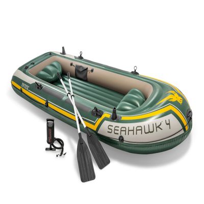 INTEX 68351EP Seahawk 4 Inflatable Boat Set: Includes Deluxe 54in Boat Oars and High-Output Pump  SuperStrong PVC  Fishing Rod Holders  4-Person  1050lb Weight Capacity