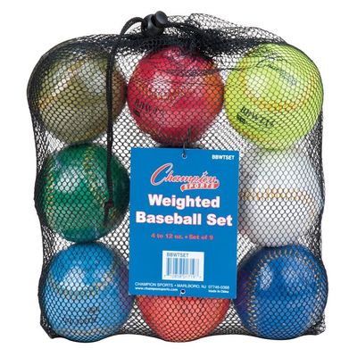Champion Sports Weighted Training Baseball Set - Rubber Cork Core - Leather Cover - Set of 9 Balls - Graduated Weights - 4 to 12 oz - 9 Inch Diameter