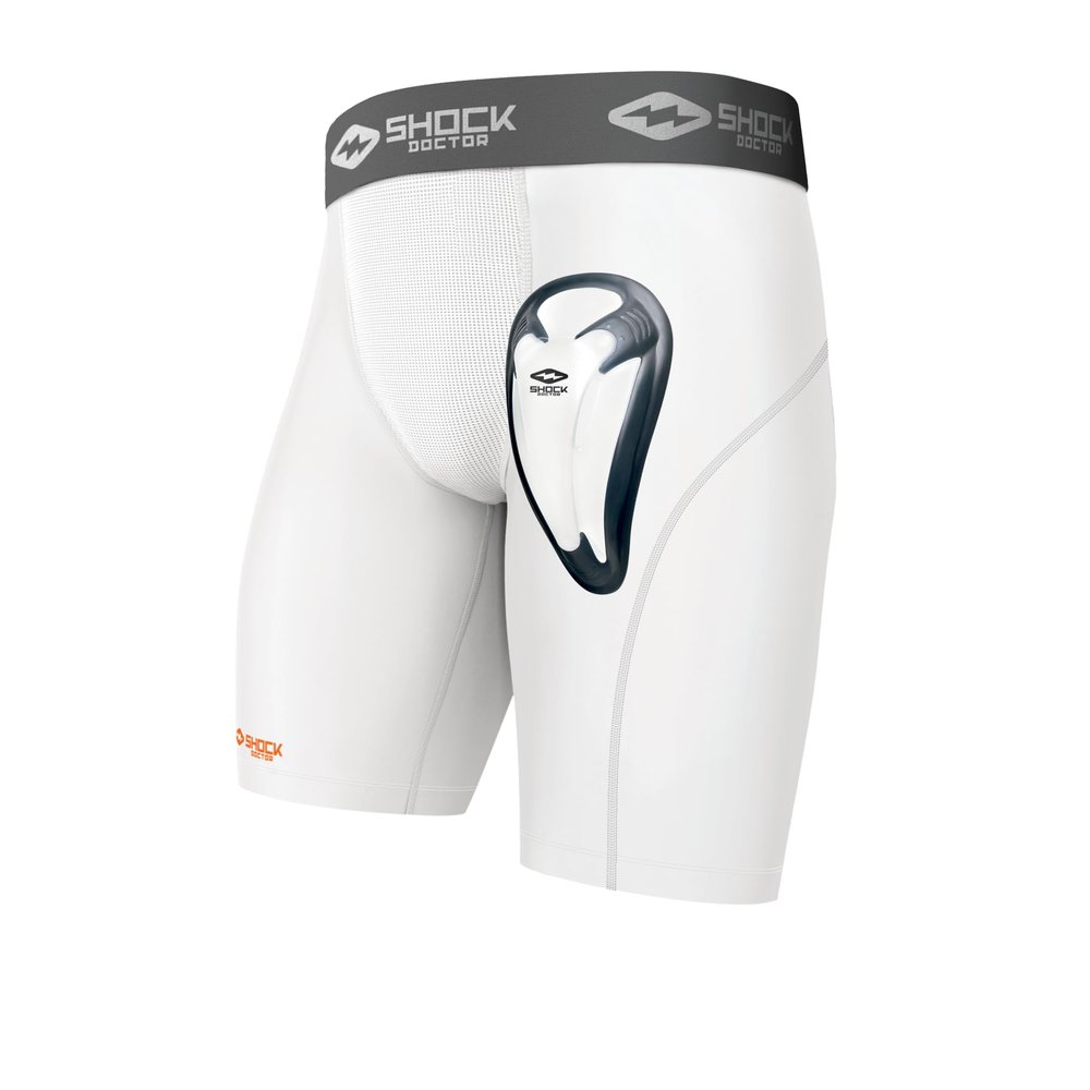Shock Doctor Compression Shorts with Protective Bio-Flex Cup, Moisture Wicking Vented Protection, White, Adult, Small