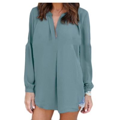 Buildhigh Women Plus Size Chiffon Pleated Solid Color T Shirts Vogue Tops Blouse Peacock Blue L