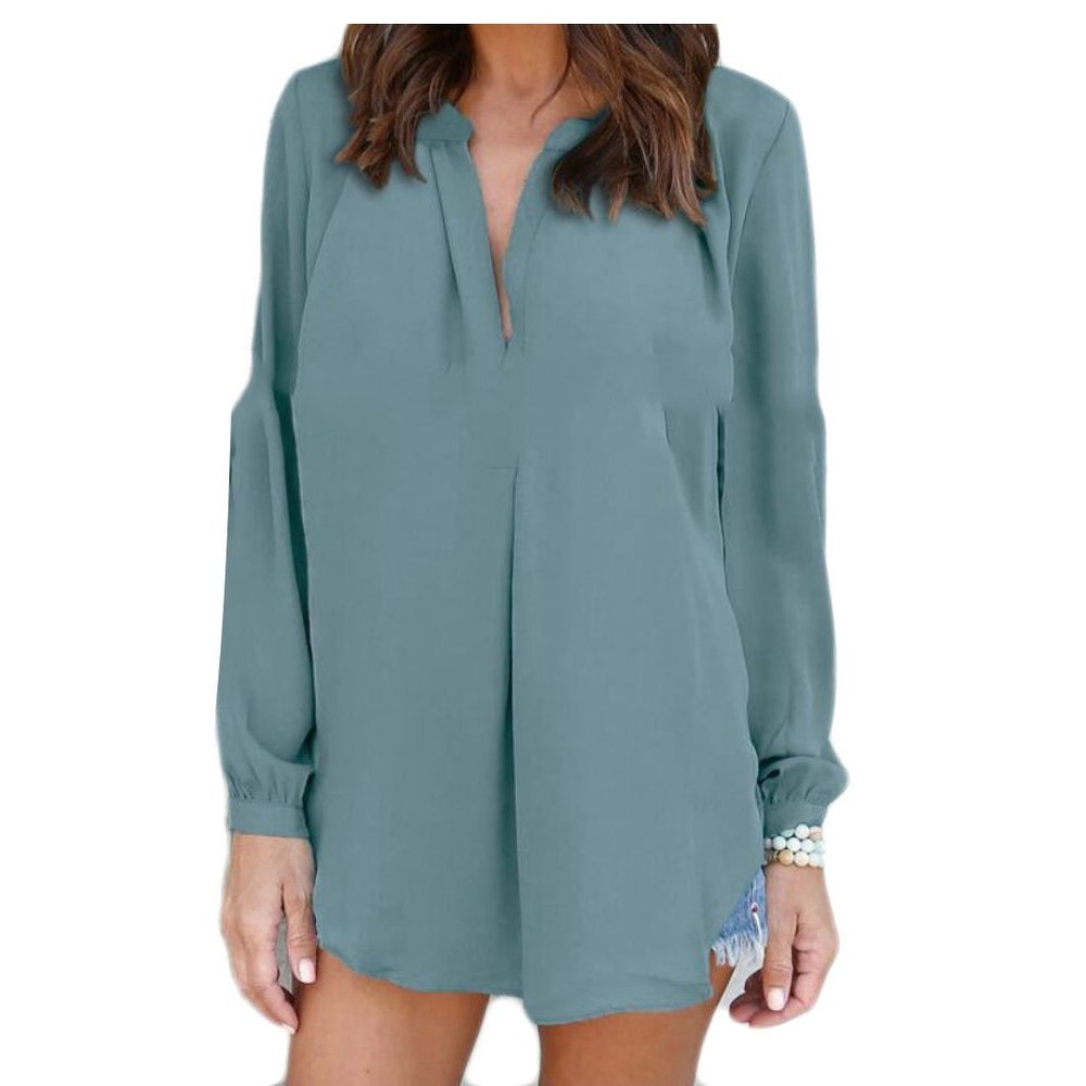 Buildhigh Women Plus Size Chiffon Pleated Solid Color T Shirts Vogue Tops Blouse Peacock Blue L