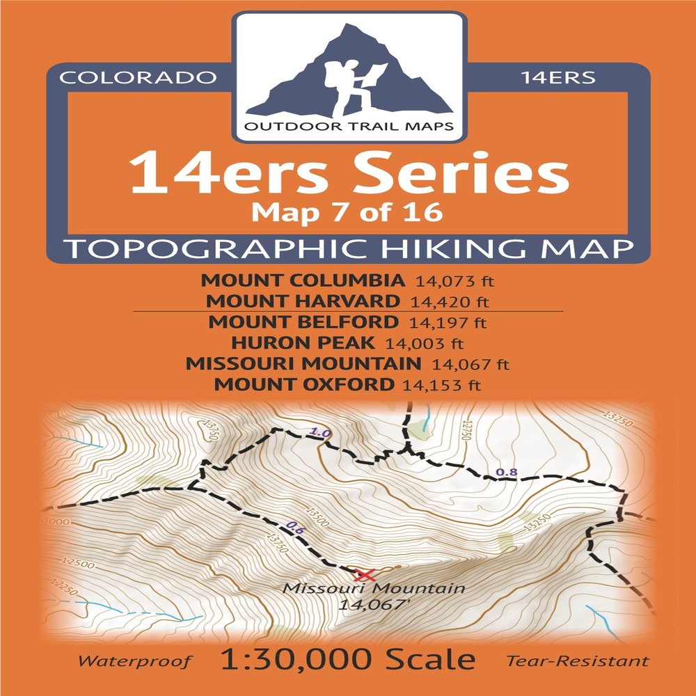 Colorado 14ers Maps Series 7 of 16 - Columbia, Harvard | Belford, Huron, Missouri, Oxford