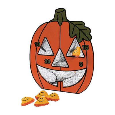 Fun Express Halloween Bean Bag Toss Game for Kids - Jack O Lantern Pumpkin Carnival Games Set with 5 Candy Corn Bean Bags | Perfect for Halloween Party Games, Fall Festival Activities
