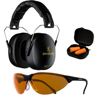 Browning Range Kit Shooting Glasses, Foam Earplugs, and Adjustable-fit Earmuffs Combo Pack