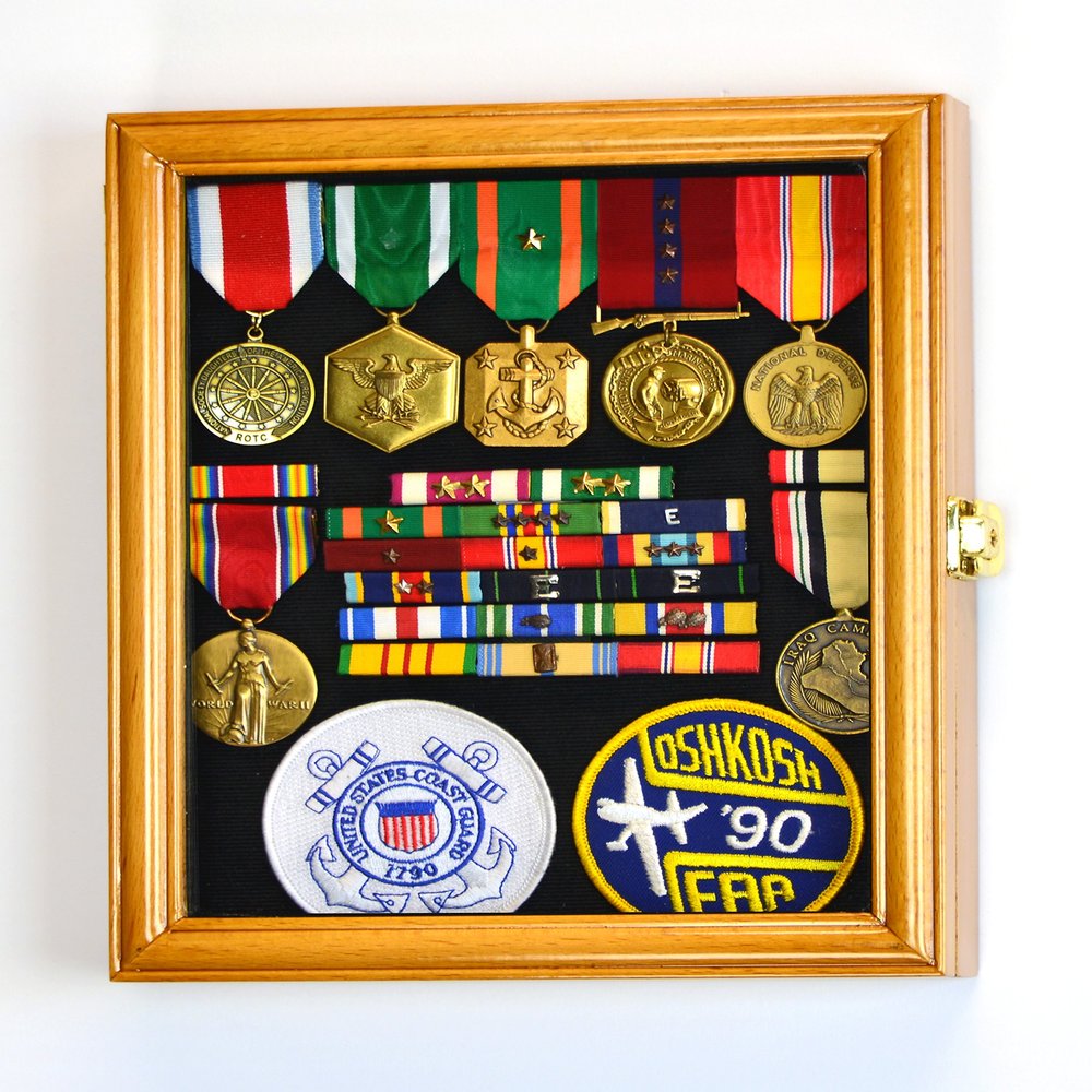 sfDisplay.com,LLC. XS Military Pin Display Case Cabinet Box for Medals Pins Patches Insignia Ribbons w/98% UV Lockable -Oak