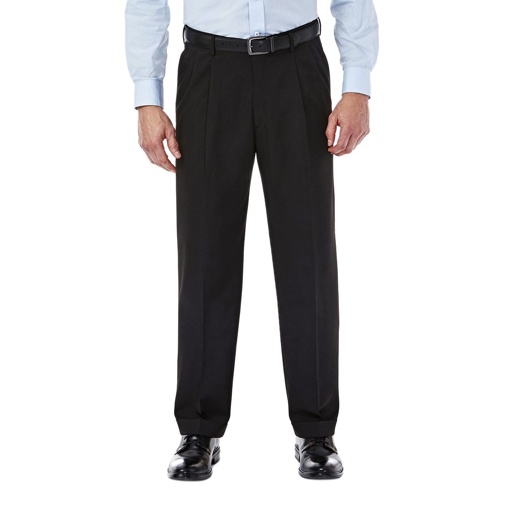 Haggar mens Mynx Gabardine Hidden Expandable Waistband Classic Fit Front Pleated dress pants, Black, 36W x 30L US
