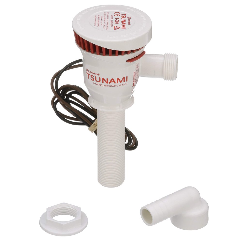Attwood 4640-7 Tsunami T500 Aerator Pump, 500 GPH, 12-Volt, 3 -Inch Long Inlet, Threaded -Inch Diameter Outlet, 29-Inch Wire