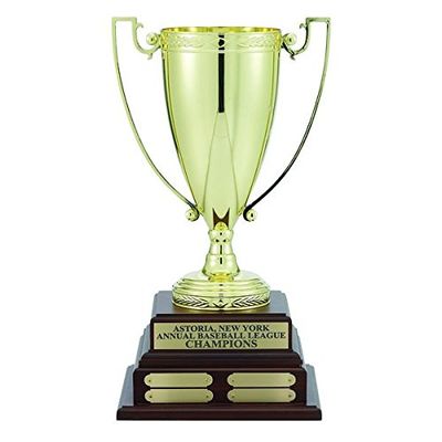 SHOP AWARDS AND GIFTS Customizable Perpetual Gold Trophy Cup on Walnut Base with 16 Name Plates, Includes Personalization