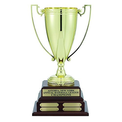 SHOP AWARDS AND GIFTS Customizable Perpetual Gold Trophy Cup on Walnut Base with 16 Name Plates, Includes Personalization