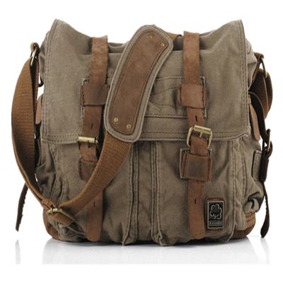 Sechunk Vintage Military Leather Canvas Laptop Bag Messenger Bags Medium Army Green