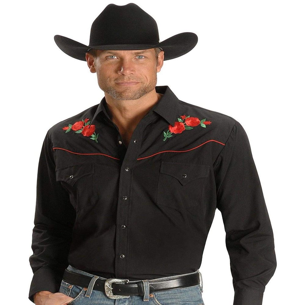 Ely Cattleman Men's Long Sleeve Western Shirt with Rose Embroidery, Black, XL
