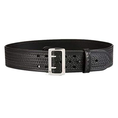 Aker Leather B01 Sam Browne Duty Belt, Black Basketweave, Full Leather-Lined, 2.25 Wide with Two-Prong Chrome Buckle, Size 32, Order 2 Sizes Up, Made in USA