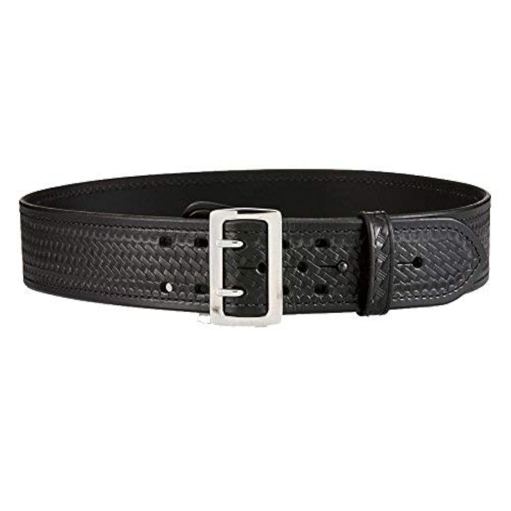 Aker Leather B01 Sam Browne Duty Belt, Black Basketweave, Full Leather-Lined, 2.25 Wide with Two-Prong Chrome Buckle, Size 32, Order 2 Sizes Up, Made in USA