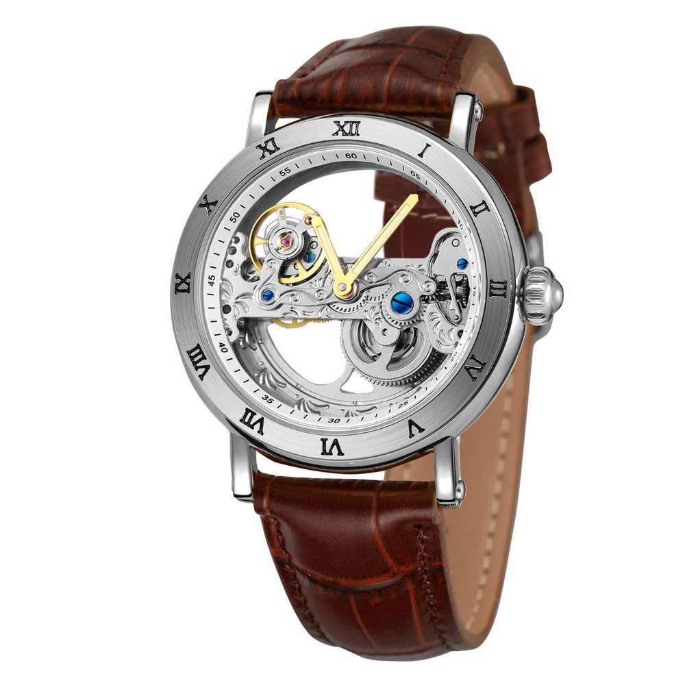 FORSINING Men's Unique Design Luxury Automatic Movt Popular Style Genuine Leather Strap Skeleton Watch