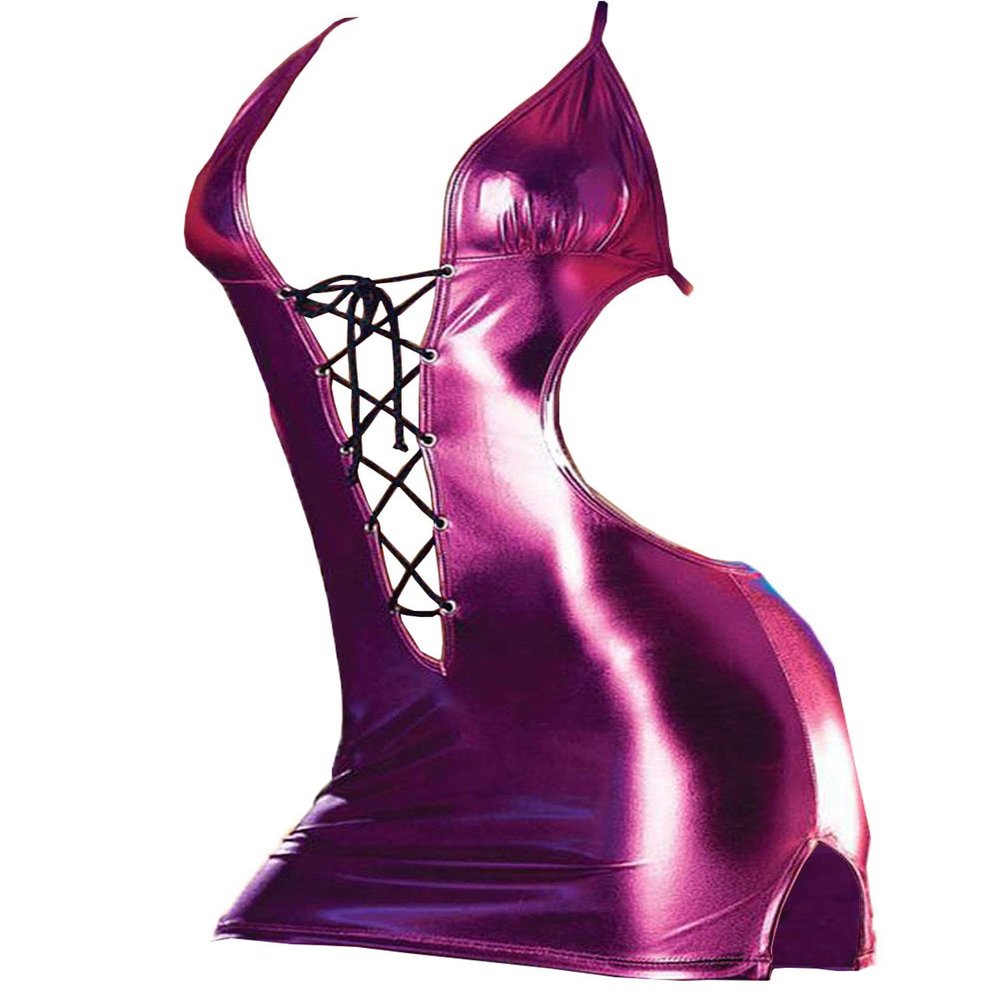 Crazy Women's Sexy Leather Backless Bodycon Clubwear Mini Dress Nightclub - Rose, One Size