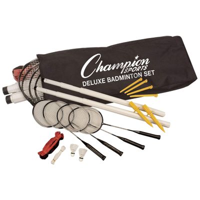 Champion Sports Outdoor Badminton Set: Deluxe Lawn & Party Game Kit Includes 4 Rackets 2 Shuttlecocks Net Poles & Posts plus Free Carrying Case - Great for BBQ Camping or the Beach