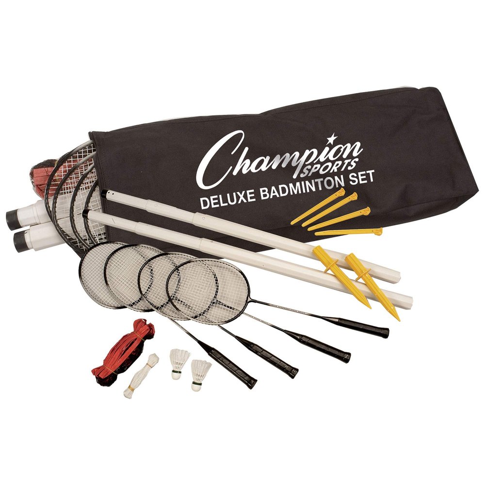 Champion Sports Outdoor Badminton Set: Deluxe Lawn & Party Game Kit Includes 4 Rackets 2 Shuttlecocks Net Poles & Posts plus Free Carrying Case - Great for BBQ Camping or the Beach