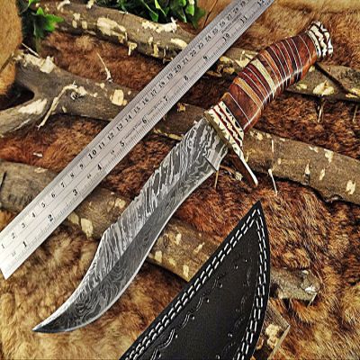 12.5" Long hand forged Damascus steel Hunting Bowie Knife, sliced Red Wood With engraved Brass cap and finger guard, Cow hide Leather sheath (Brown)