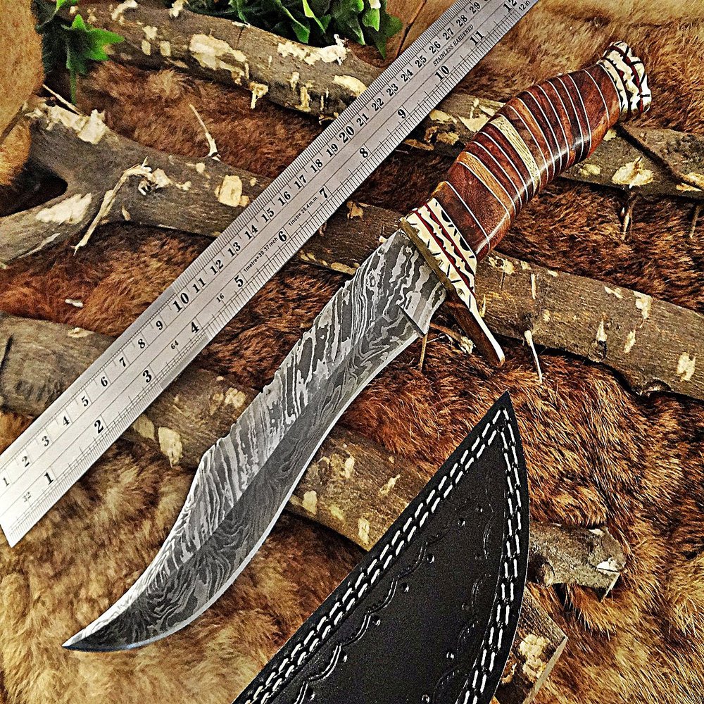 12.5" Long hand forged Damascus steel Hunting Bowie Knife, sliced Red Wood With engraved Brass cap and finger guard, Cow hide Leather sheath (Brown)