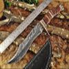 12.5" Long hand forged Damascus steel Hunting Bowie Knife, sliced Red Wood With engraved Brass cap and finger guard, Cow hide Leather sheath (Brown) view 1