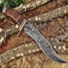 12.5" Long hand forged Damascus steel Hunting Bowie Knife, sliced Red Wood With engraved Brass cap and finger guard, Cow hide Leather sheath (Brown) view 4