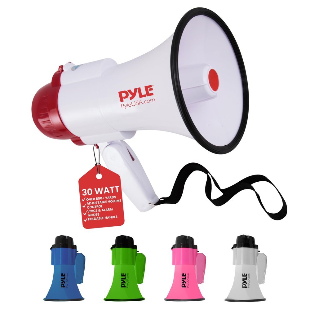 Pyle Lightweight 30-Watt Megaphone Bullhorn Speaker - Adjustable Volume, Built-in Siren for 800-Yard Range Suitable for Indoor/Outdoor Sports, Cheerleading, and Events (PMP30)