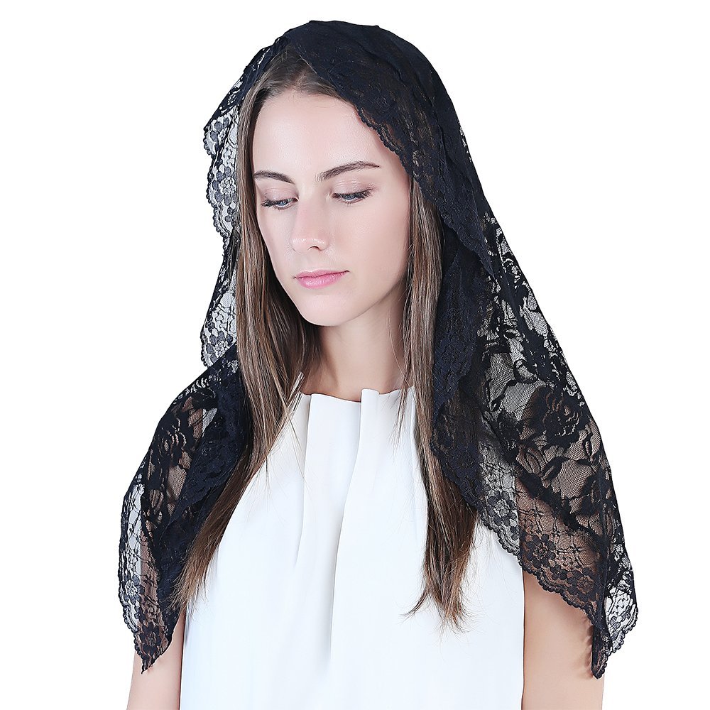 Lace Mantilla Catholic Chapel Veil Head Covering for Church - Latin Mass (Black)