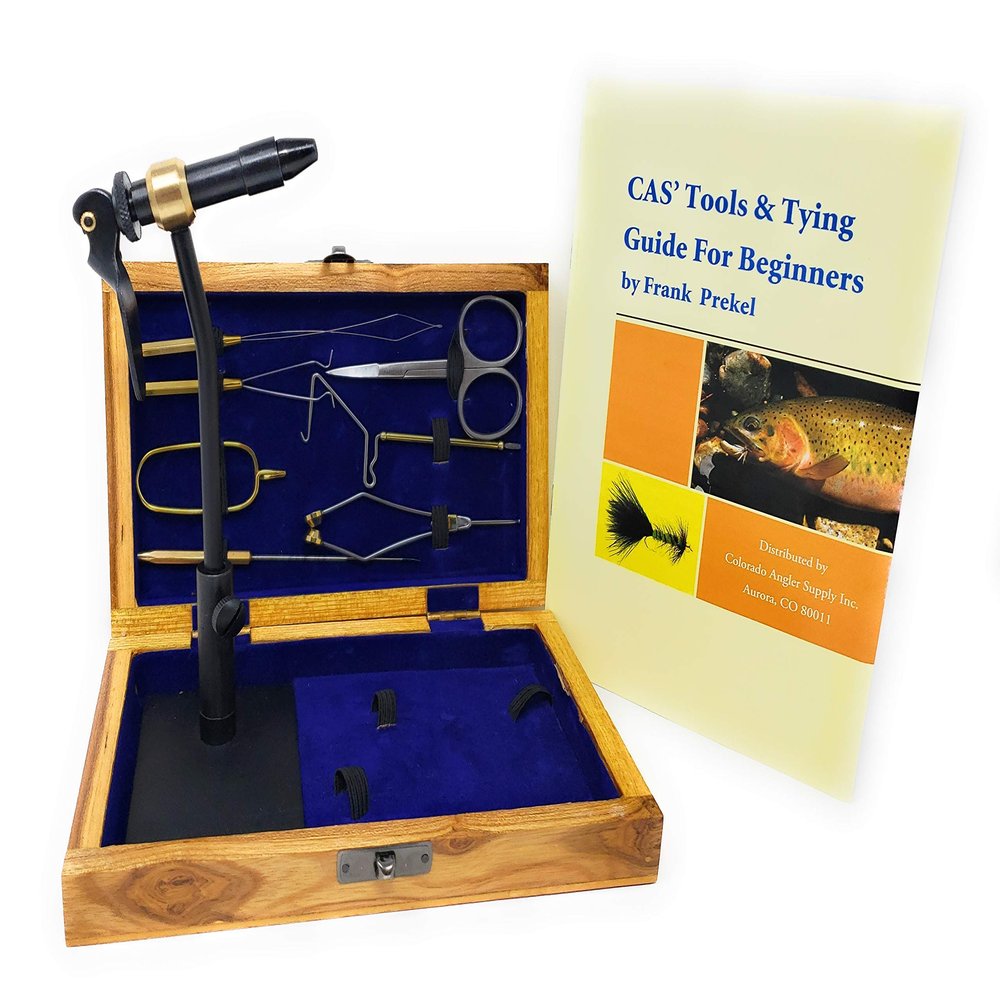Colorado Anglers - Fly Tying Standard Tool Kit with Wooden Box & Book, Rotary Vise, Bobbin, Scissors, Whip Finisher, Complete Fly Fishing Set for Beginners & Pros