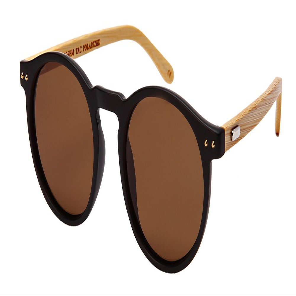 EDGEIWEAR Round Horn Rimed Bamboo Sunglasses Wood Women Polarized Lens 541006BM-FLP1(M.BLK.sd2)