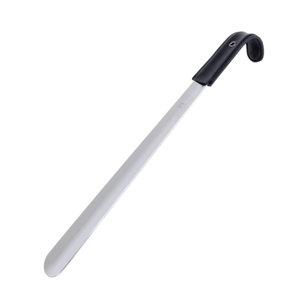 FootFitter Premium Stainless Steel Shoe Horn  Extra Thick, Best Sturdy Shoehorn with Genuine Leather Handle Grip (16" Shoe Horn)
