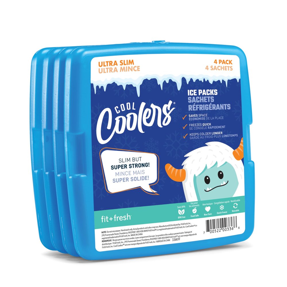 Cool Coolers by Fit + Fresh, 4 Pack Slim Ice Packs, Space Saving Reusable Ice Packs for Lunch Boxes or Coolers, Blue, Single Pack