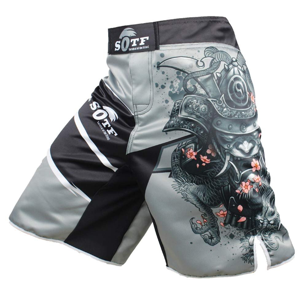 SOTF Men's Gray Sports Pants Muay Thai Boxing Shorts MMA Shorts, Gry and Multicolor, Medium