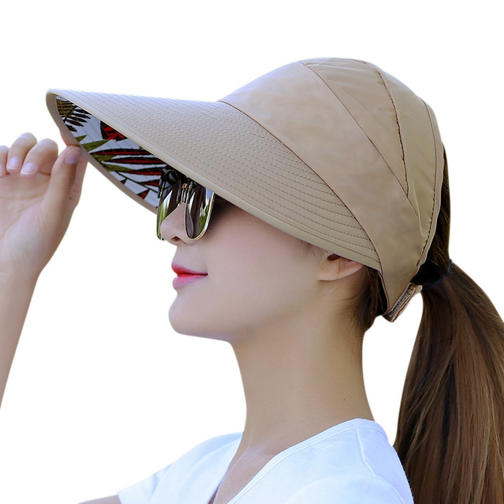 HINDAWI Sun Hats for Women Wide Brim UV Protection Summer Beach Visor Cap Khaki
