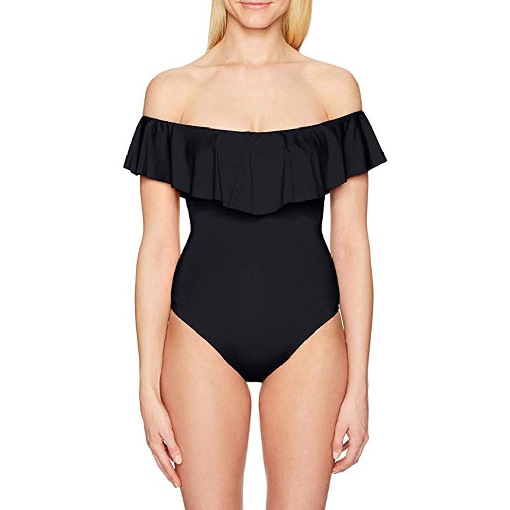 Trina Turk Women's Standard Off Shoulder Ruffle One Piece Swimsuit, Black/Key Solids, 4