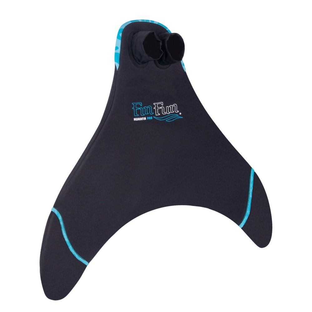 Fin Fun Mermaid Monofin - Swim Fin for Kids Ages 6-11 - Swimming Flipper with Comfortable Foot Pockets - Snorkel & Water Accessory Made w/ Dive-Grade Neoprene - (Blue Trim Black, Junior)