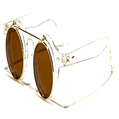 Dweebzilla Retro Round Flip Up Steampunk Sunglasses (Clear/Transparent & Gold Frame, Brown Amber)