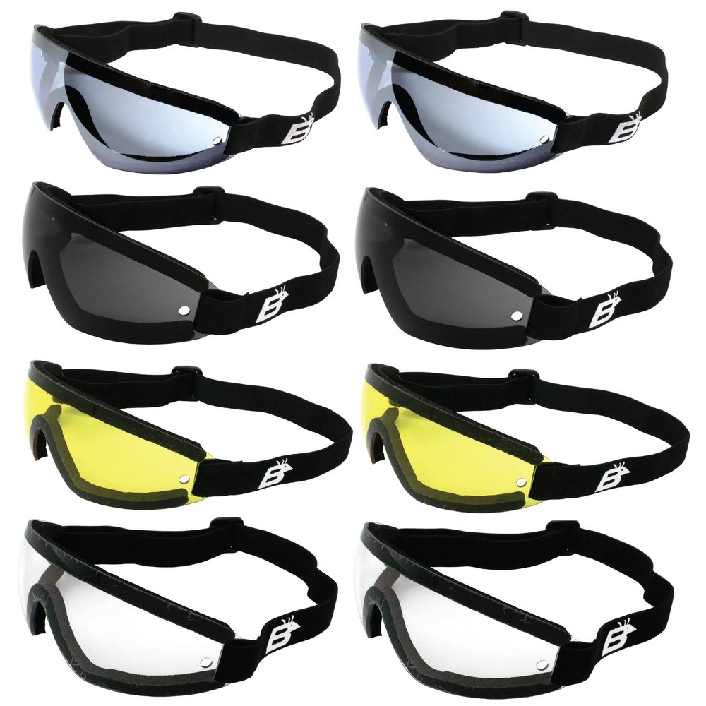 Birdz Eyewear Wing Skydive Sky Diving Goggles 8 Pairs Black Frames with Clear Smoke Blue and Yellow Lenses