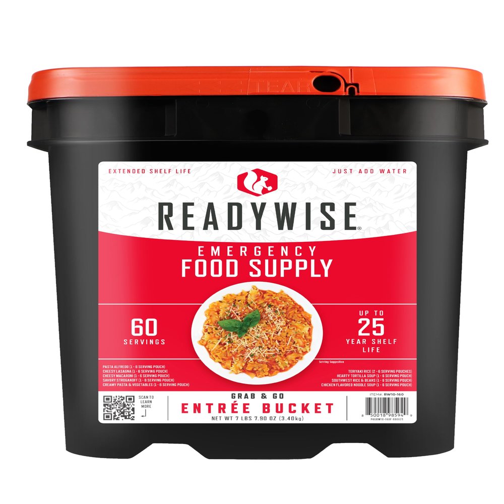 ReadyWise Entre Bucket - 60 Servings, Emergency Food Supply for Survival Kit, Protein Meals, Freeze Dried Food, Ready to Eat Camping & Road Trip Essentials, up to 25 Year Shelf Stable Life