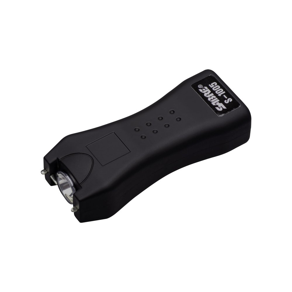 SABRE Stun Gun with Flashlight and Belt Holster, Emits 1.60 Powerful Pain Inducing Microcoulombs (C) Charge, 120 Lumen LED Flashlight, Rubberized Grip, Compact Design, Rechargeable